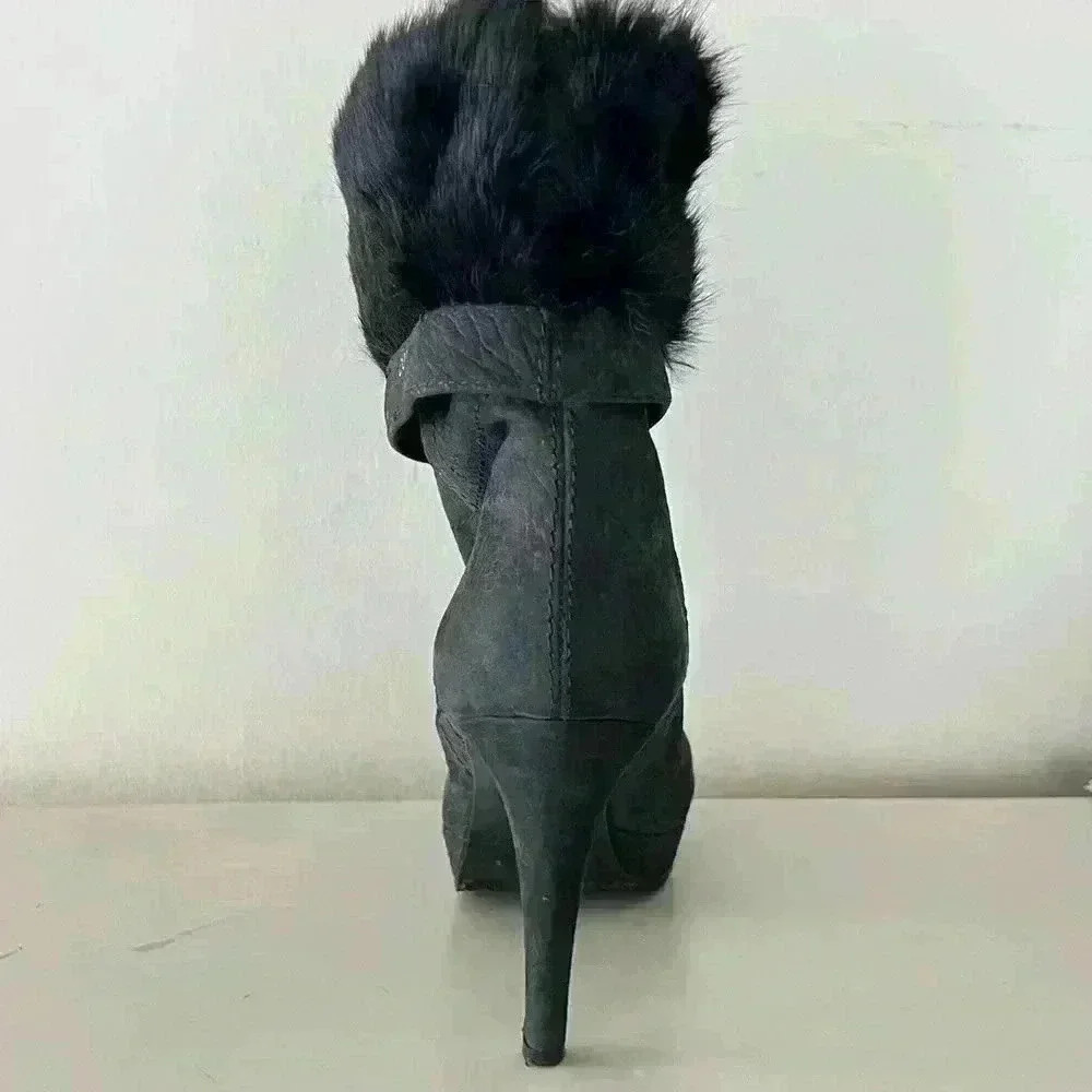 VERO CUIOIO BLACK LEATHER FUR HEELS OVAL TOE PLATFORM BOOTS SIZE 38 - Picture 3 of 16